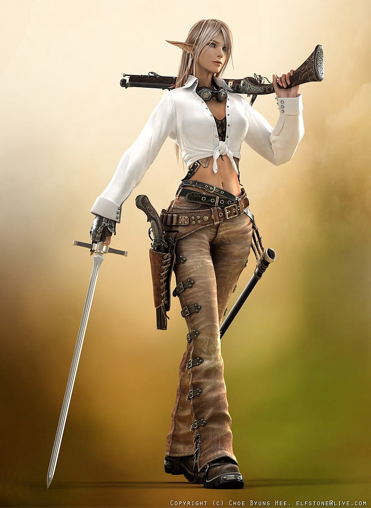 женщина с мечом и пистолетом цифровые обои, меч, пираты, эльфы, HD обои, телефон обои