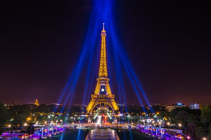 Monument, Eiffeltornet, stad, ljus, monument, natt, Paris, HD tapet