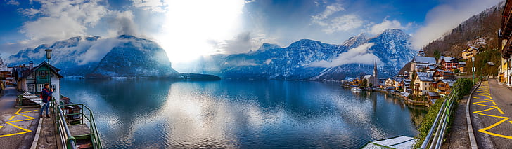 mountains, lake, home, Austria, Alps, promenade, Hallstatt, Lake Hallstatt, HD wallpaper