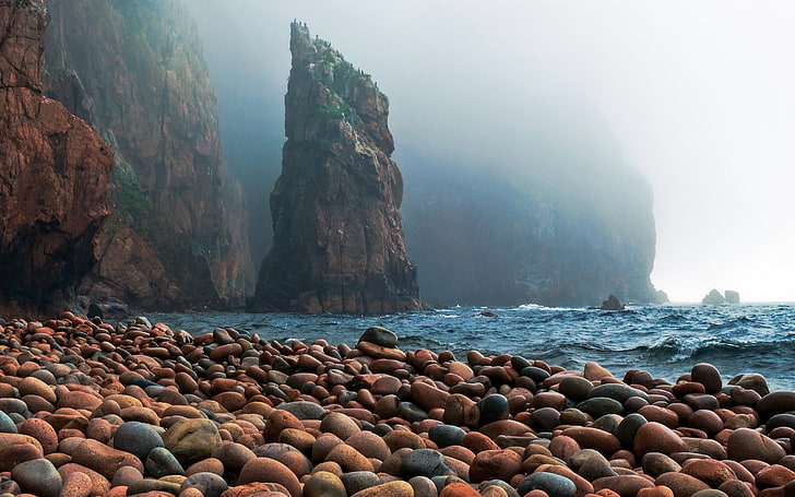 bruna och grå betongstenar, Vitaly Burke, Ryssland, stenar, kust, hav, natur, klippa, HD tapet