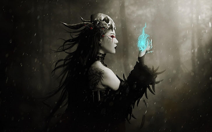 bruja femenina con llamas en su papel tapiz de mano, magia, arte de fantasía, chica de fantasía, fantasía oscura, calavera, mujeres, obras de arte, Fondo de pantalla HD