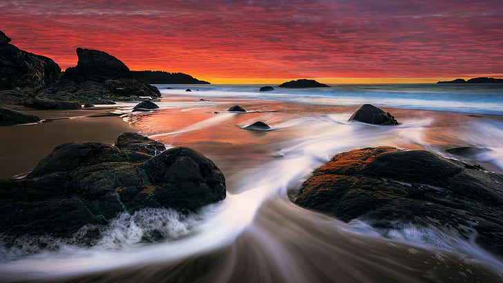 sunset, nature, beach, shore, sea, water, headland, coast, wave, sky, ocean, rock, red sky, dusk, HD wallpaper