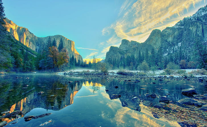 Gunung, danau, lanskap, badan air di tengah-tengah pohon-pohon tinggi, lanskap, gunung, danau, Wallpaper HD
