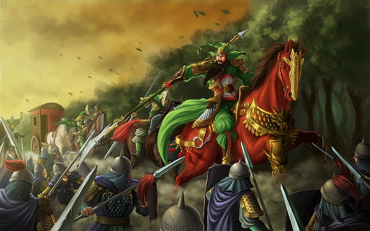 emperor riding on horse wallpaper, forest, weapons, horse, Asia, warrior, art, samurai, attack, wagon, rider, spear, battle, HD wallpaper