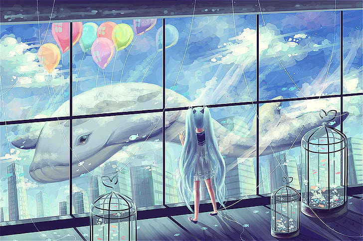 อะนิเมะ, Vocaloid, บอลลูน, กรงนก, ปลา, Hatsune Miku, ท้องฟ้า, ปลาวาฬ, วอลล์เปเปอร์ HD