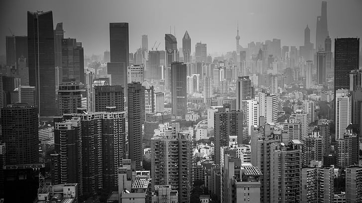 Шанхай, городской пейзаж, небоскреб, Китай, Азия, мегаполис, горизонт, черно-белое изображение, монохромная фотография, здание, центр города, дневное время, HD обои