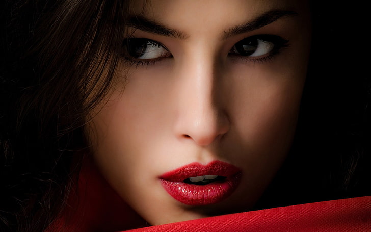 women, portrait, red lipstick, face, HD wallpaper