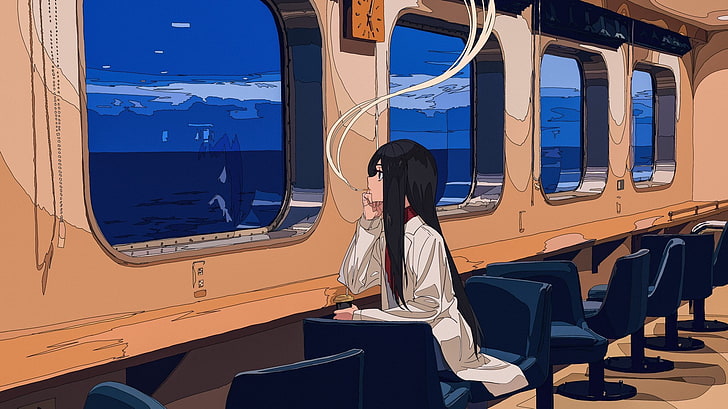 焦 茶, gadis anime, merokok, air, cangkir kopi, Wallpaper HD