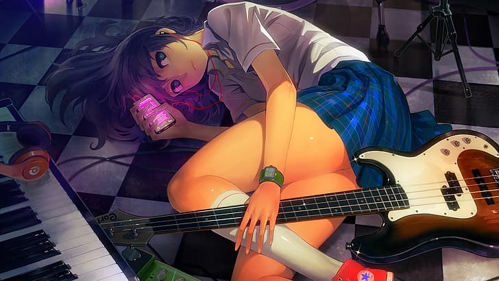 skirt, anime girls, bass guitars, music, keyboards, headphones, HD wallpaper