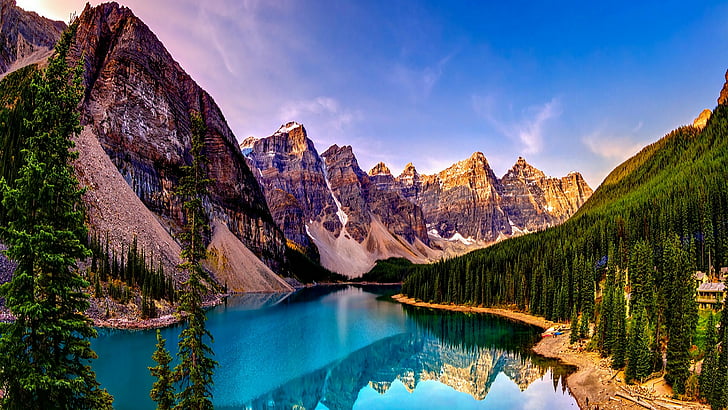 morän sjö, reflektion, vildmark, berg, vatten, bergiga landformer, bergslandskap, himmel, nationalpark, sjö, träd, landskap, bergskedja, Banff nationalpark, Kanada, HD tapet