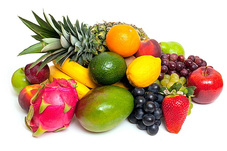  lemon, Apple, orange, strawberry, grapes, bananas, fruit, pineapple, peach, pitahaya, HD wallpaper HD wallpaper