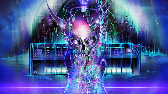 Ultraboss, synthwave, vaporwave, neon, neon glow, gitarr, skalle, keyboards, cyberpunk, HD tapet HD wallpaper
