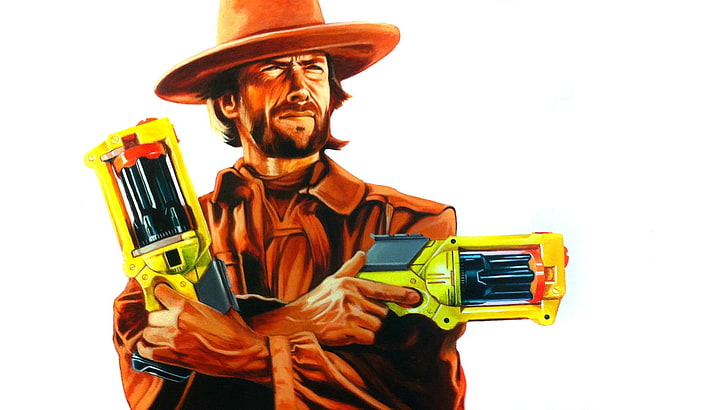man holding two Nerf guns sketch, Clint Eastwood, Nerf, The Good, the Bad and the Ugly, humor, artwork, HD wallpaper