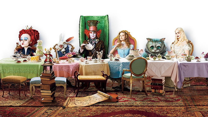 Movie, Alice in Wonderland (2010), Alice (Alice in Wonderland), Anne Hathaway, Cheshire Cat, Helena Bonham Carter, Johnny Depp, Mad Hatter, Mia Wasikowska, Queen Of Hearts, White Queen (Alice in Wonderland), HD wallpaper