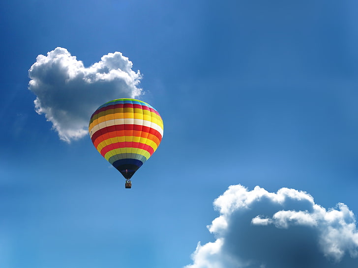 небе, балони с горещ въздух, облаци, сърце, HD тапет