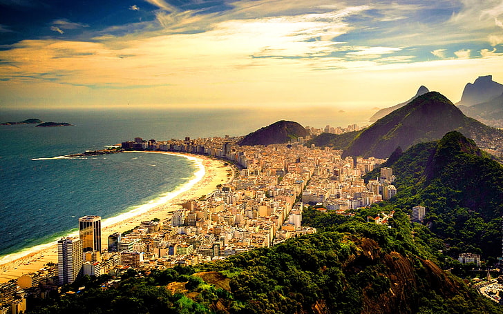 Copacabana Beach Rio De Janeiro Braz, коричневые и белые высотные здания, Мир, Бразилия, пляж, городской пейзаж, HD обои