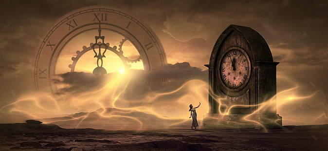 башня с часами обои, часы, фэнтези, таинственная, девушка, время, HD обои HD wallpaper