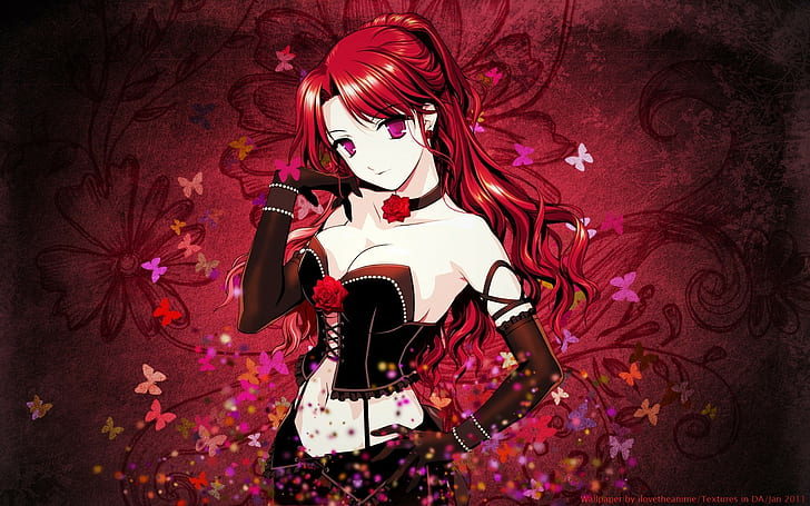 anime, bunga, berambut merah, gadis anime, Wallpaper HD