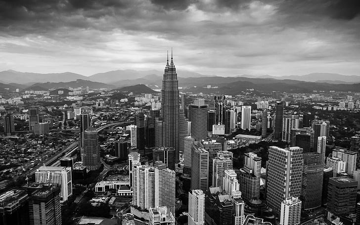 kota, Menara Petronas, monokrom, Kuala Lumpur, pemandangan udara, Wallpaper HD