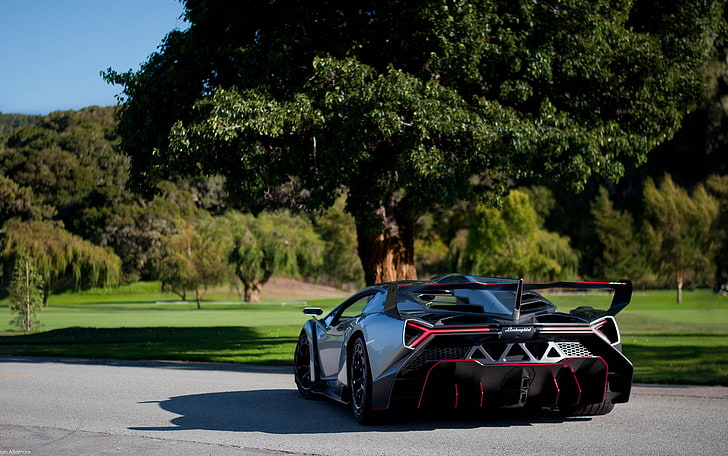 czarny samochód sportowy Lamborghini, lamborghini, veneno, supersamochód, widok z tyłu, natura, Tapety HD