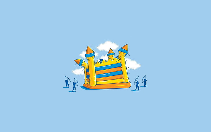 ilustrasi kastil kuning dan biru, tanpa benang, sederhana, minimalis, humor, kastil, pertempuran, Wallpaper HD