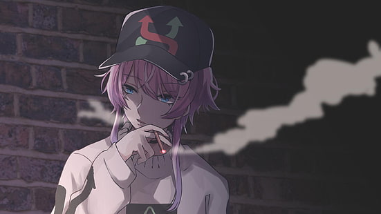 Anime, Hypnosis Mic, Blue Eyes, Cap, Pink Hair, Smoking, HD wallpaper HD wallpaper