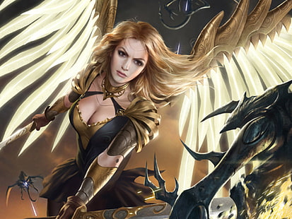 Fantasía, ángel guerrero, ángel, armadura, rubia, alas, mujer guerrera, Fondo de pantalla HD HD wallpaper