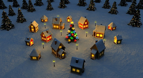 Wioska bożonarodzeniowa, dekoracje wioski śnieżnej, święta, Boże Narodzenie, wakacje, kolorowe, drzewka, światła, 3d, wesołych świąt, wioska, domy, Tapety HD HD wallpaper