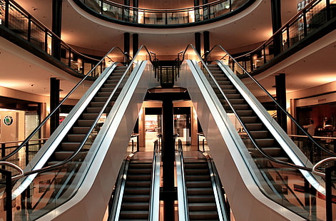 immeuble, immeuble commercial, escaliers mécaniques, centre commercial, centre commercial, Fond d'écran HD HD wallpaper