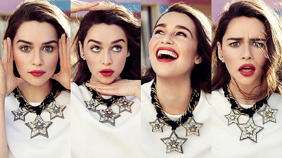 donne, collage, attrice, Emilia Clarke, brunetta, sorridente, celebrità, bocca aperta, ritratto, rossetto rosso, collana, Sfondo HD HD wallpaper