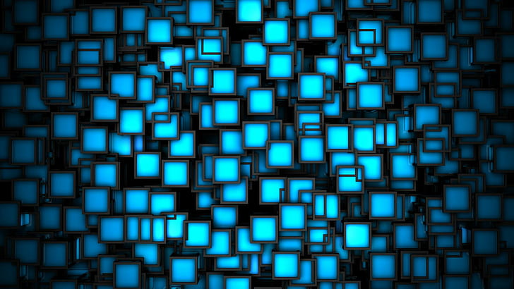 مربعات نيون ، إطار طباعة مربع أزرق مخضر ، مربعات ، نيون ، ثلاثي الأبعاد وتجريدي، خلفية HD