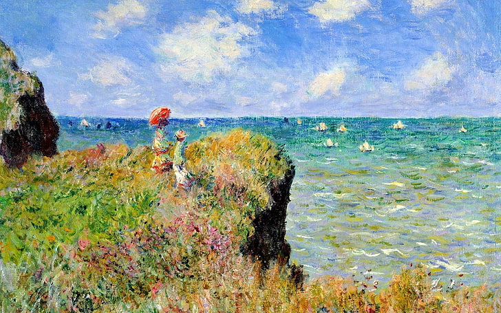 Klassisk konst, Claude Monet, klippa, Frankrike, målning, parasoll, hav, HD tapet