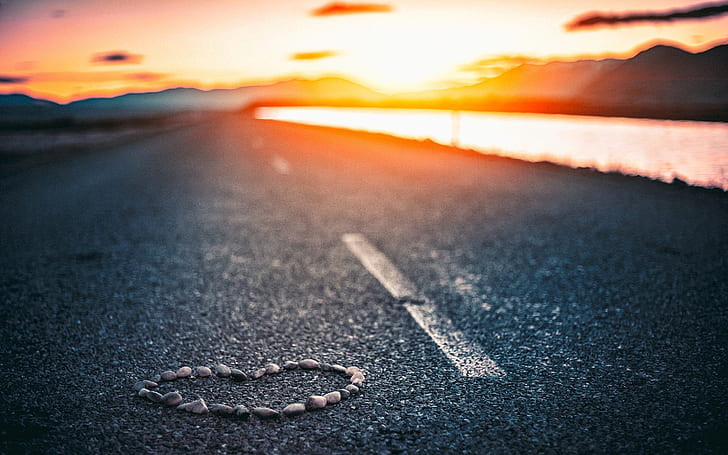 road, the sky, asphalt, water, the sun, clouds, love, sunset, river, stones, background, mood, heart, blur, widescreen, pebbles, full screen, s, HD wallpaper