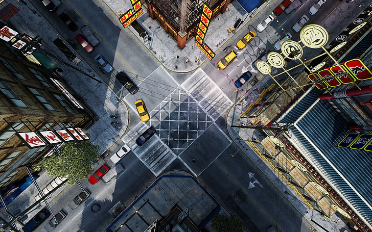 high-rise buildings and cars illustration, CGI, intersections, top view, Grand Theft Auto IV, bird's eye view, HD wallpaper