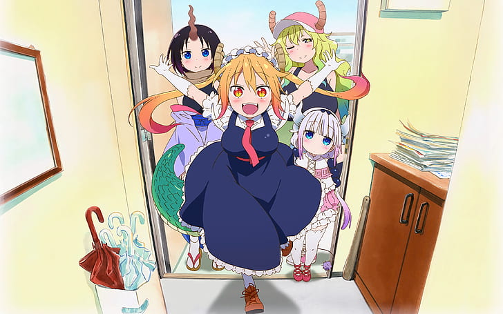 Anime, Miss Kobayashi's Dragon Maid, Elma (Miss Kobayashi's Dragon Maid), Kanna Kamui, Quetzalcoatl (Miss Kobayashi's Dragon Maid), Tohru (Miss Kobayashi's Dragon Maid), HD wallpaper