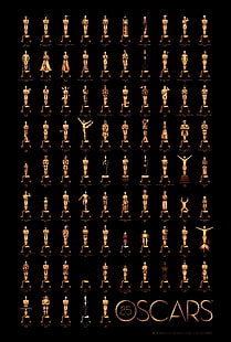 Oscars trophy poster, Oscars trophy lot, statue, movies, winner, No Country for Old Men, The Lord of the Rings, Gladiator (movie), American Beauty, Titanic, Braveheart, Forrest Gump, Rocky (movie), The Godfather, Casablanca, Oscars, HD wallpaper HD wallpaper