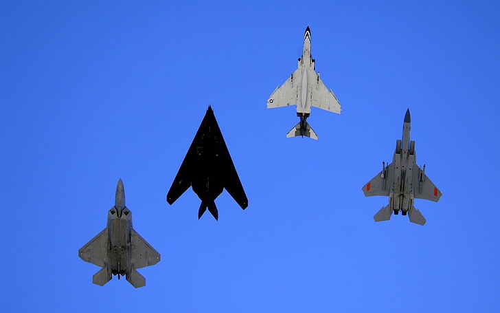 Lockheed Martin F-22 Raubvogel, F-117 Nighthawk, McDonnell Douglas F-15 Adler, McDonnell Douglas F-4 Phantom II, Flugzeug, Militärflugzeug, Himmel, blau, F-22 Raubvogel, HD-Hintergrundbild