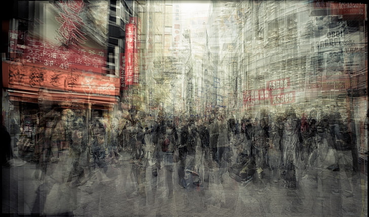 folkmassan människor nära byggnader målning, arkitektur, byggnad, stad, Tokyo, Japan, huvudstad, gata, människor, folkmassor, rörelseoskärpa, konstverk, fotografi, lång exponering, HD tapet
