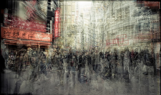 multidão pessoas perto de edifícios pintura, arquitetura, construção, cidade, Tóquio, Japão, capital, rua, pessoas, multidões, motion blur, trabalho artístico, fotografia, exposição longa, HD papel de parede HD wallpaper