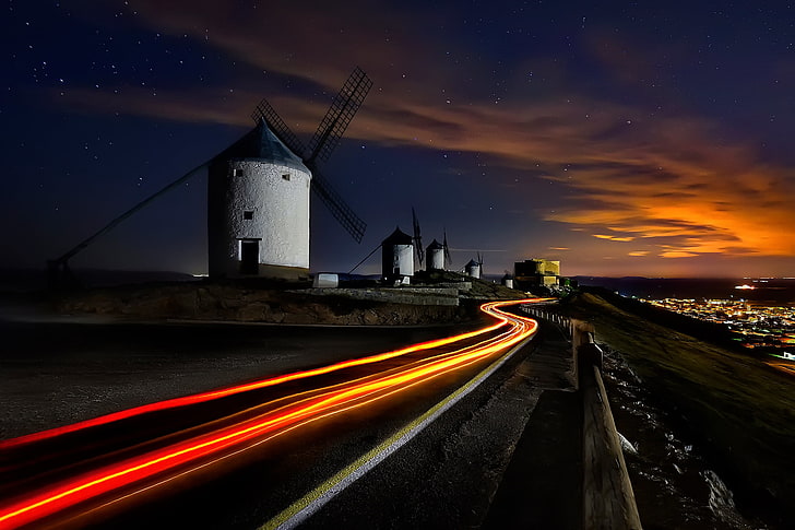 road, the sky, stars, light, night, excerpt, Spain, windmills, brillanti, HD wallpaper