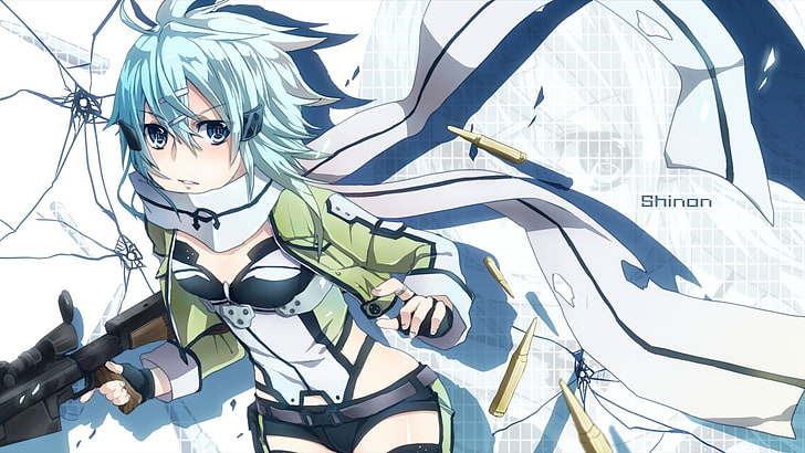 Shinon anime character, girl, weapons, gun, rifle, sleeve, blue hair, sword  art online, HD wallpaper | Wallpaperbetter