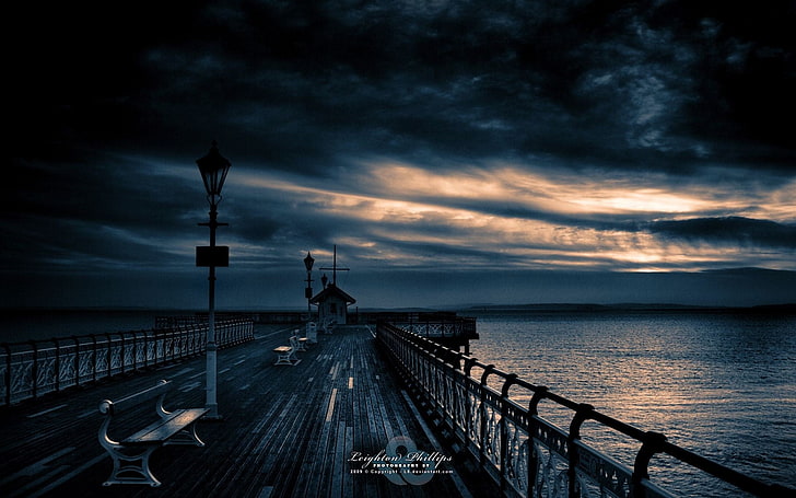 gray wooden dock under dark cloudy sky, landscape, pier, sky, HD wallpaper