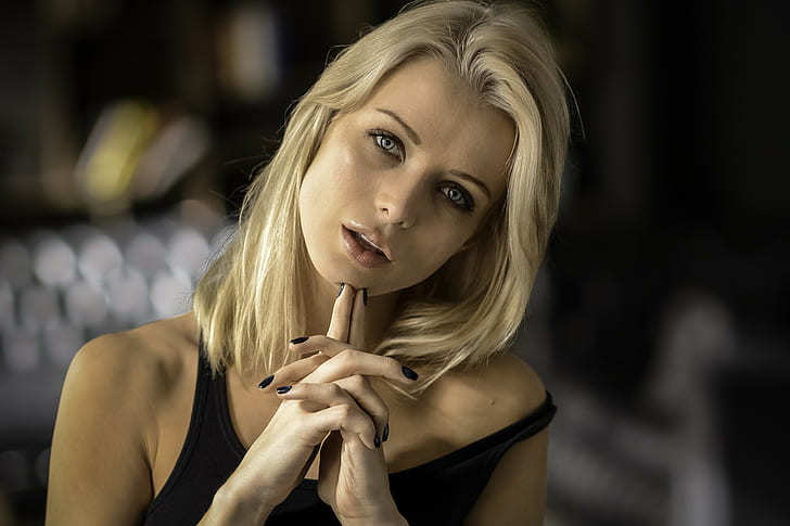 kvinnor, Ekaterina Enokaeva, blond, porträtt, svarta naglar, HD tapet