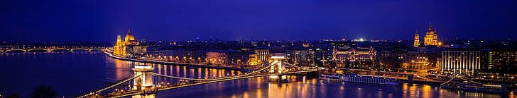 Hungary, Europe, city, night, gold, blue, river, lights, building, capital, panorama, boat, bridge, Budapest, Hungarian Parliament Building, Chain Bridge, HD wallpaper
