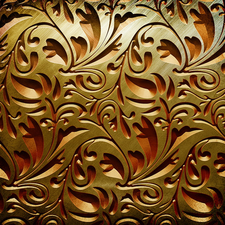 brass-colored floral engraved decor, background, patterns, texture, the volume, HD wallpaper