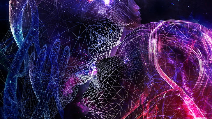 Ilustración de personas multicolores, primer beso, pareja, puntos conectados, cósmico, neón, HD, Fondo de pantalla HD