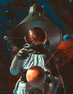 астронавт, галактика, планета, спутники, космос, космическое искусство, произведения искусства, HD обои HD wallpaper