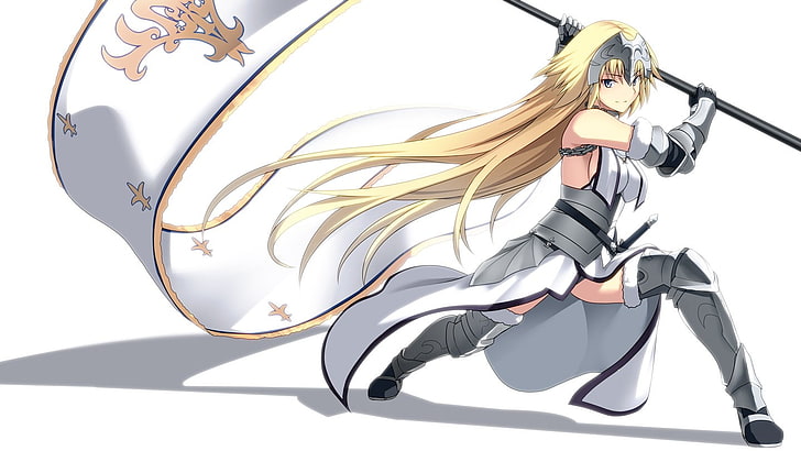 animated woman wallpaper, armor, blonde, blue eyes, chains, elbow gloves, Fate/Stay Night, Fate Series, gloves, headdress, long hair, sideboob, thigh-highs, white background, cloaks, Ruler (Fate/Apocrypha), HD wallpaper