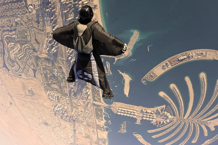 Paesaggio urbano di Dubai, Emirati Arabi Uniti, isola, paracadutismo, tuta alare, Sfondo HD