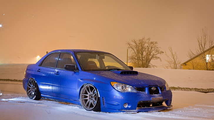 blue, cars, impreza, snow, stance, sti, subaru, wrx, HD wallpaper